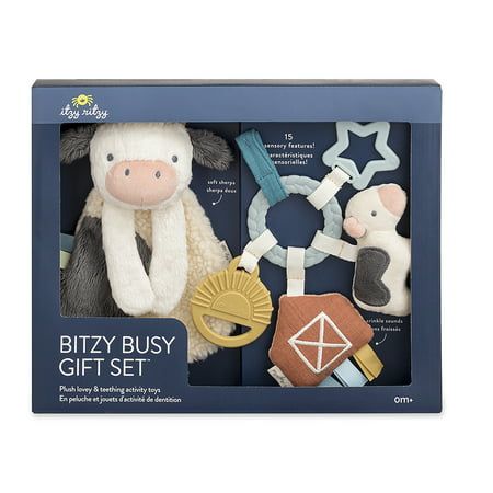 The Itzy Ritzy's Bitzy Busy Gift Set features our Cow Itzy Lovey and Farm Bitzy Busy Ring toys, and is a unisex sensory sensation. Baby can snuggle in close with the soft Itzy Lovey. Age grade is 0m+. Easily attach the Bitzy Busy Ring to a car seat or stroller for adventures ahead! Textured teethers and dangling toys that jingle & crinkle are sure to delight! Size: One Size.  Color: Multicolor. Car Seat Toys, Teething Relief, Car Seat And Stroller, Itzy Ritzy, Baby Teething Toys, Farm Baby, Farm Gifts, Sherpa Fabric, Stroller Toys