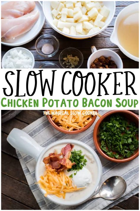 Slow Cooker Loaded Chicken Bacon Potato Soup Chicken Bacon Soup Crockpot, Chicken Bacon Ranch Soup Crockpot, Chicken Bacon Ranch Potato Soup, Chicken Baked Potato Soup, Slow Cooker Chicken Potato Soup, Chicken And Potato Soup Crockpot, Chicken Bacon Potato Soup, Crockpot Chicken Potato Soup, Chicken Potato Soup Crockpot