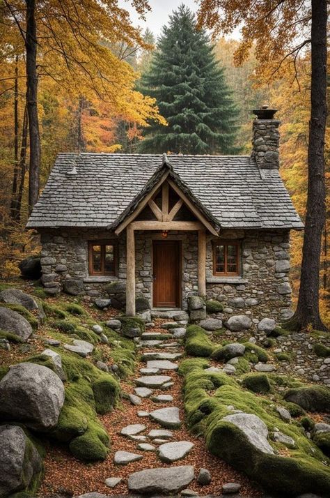 Small Stone Cottage, Cute Small Houses, Building Memories, Stone Cabin, Wood Working Projects, Log Cabin Interior, Little Cabin In The Woods, Log Cabin Rustic, Stone Cottages