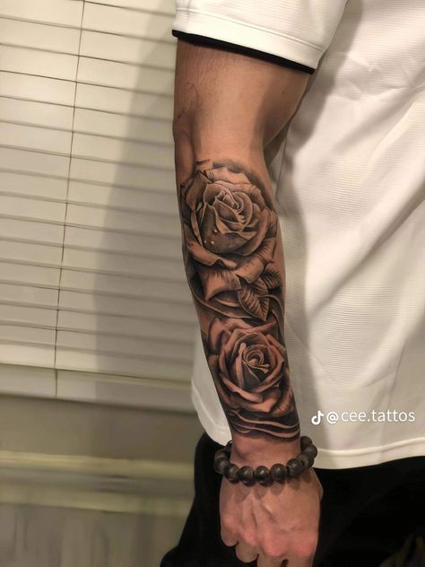 Flower Forearm Tattoo Men, Hope Tattoo Men, Men Forearm Tattoos Ideas Design, Forarm Sleeve, Men’s Half Sleeve Tattoo Forearm, Front Arm Tattoo Men, Roses Tattoo Sleeve, Men’s Full Sleeve Tattoo, Tattoo Sleeve Ideas For Men