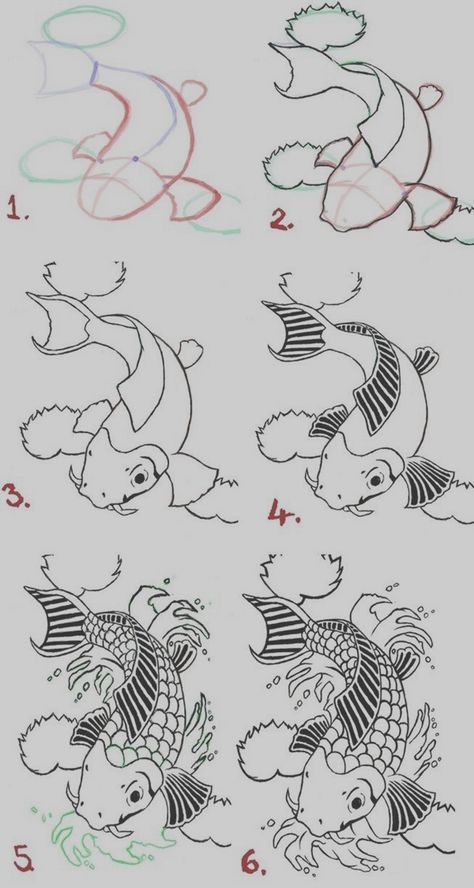 40 Easy Step By Step Art Drawings To Practice - Bored Art Koi Fish Step By Step, Koi Fish Drawing, Fish Drawing, Koi Art, Koi Fish Tattoo, Animal Drawing, Fish Drawings, 3d Drawings, Step Drawing