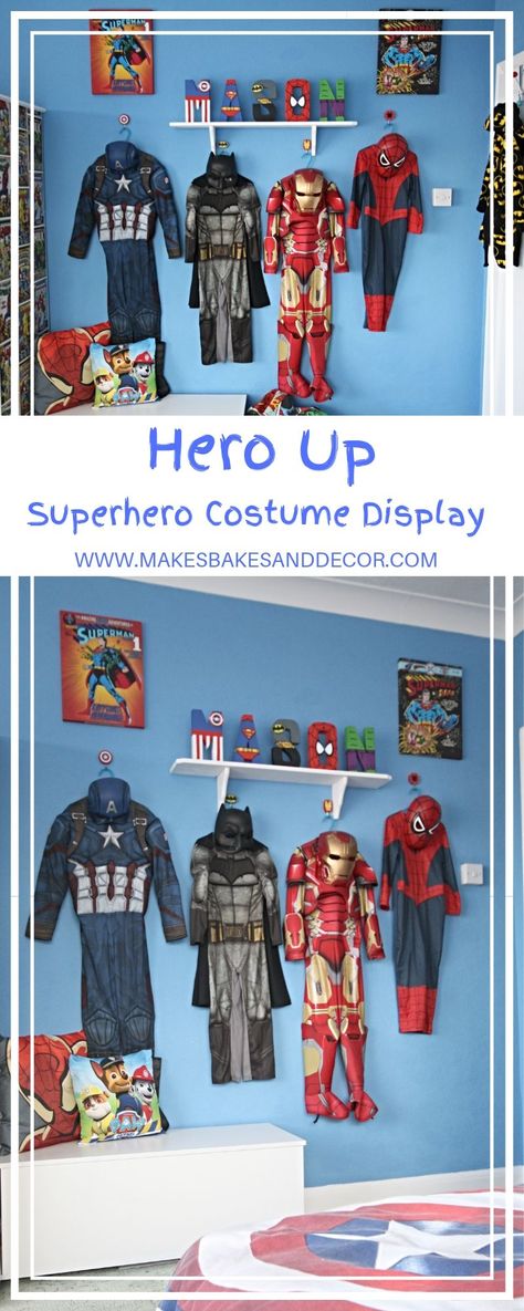 Hero Up Superhero Costume Display Superhero Coat Hanger, Hero Up Costume Wall, Design A Superhero, Superhero Display, Idea For Dress, Costume Storage, Costume Display, Diy Superhero Costume