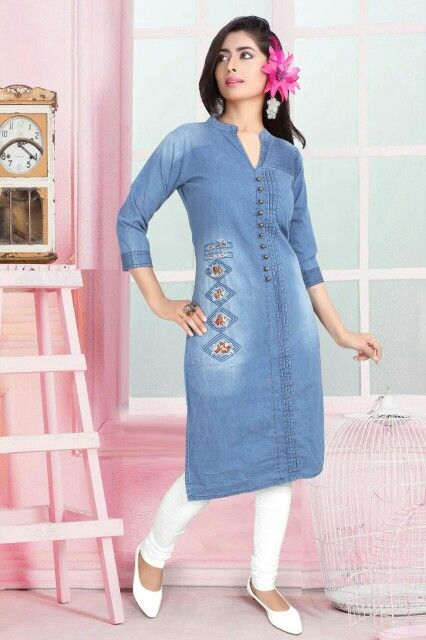 Denim Kurti...From India..cotact: +91 7046500074 Western Kurti, Denim Kurti, Jeans Western, Eastern Dresses, Denim Embroidery, Girls Dresses Sewing, Denim Bags, Denim Tunic, Ganesh Art