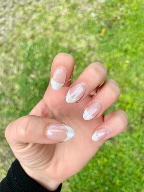 Senior Pics Nails, French Tip With Pearl Chrome, French Tip Irridescent Nails, French Tips With Chrome Powder, Spring Formal Nails, White French Tips With Chrome, Senior Pic Nails, Chrome Beach Nails, Beach French Tip Nails