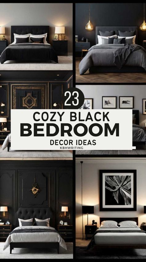 23 Cozy Black Bedroom Inspiration That Feels...too Good! Black Bedroom Suite Decor, Black Bedroom Bedding, Black And Taupe Bedroom, Black Bedroom Wall Decor, Black Accents Bedroom, Black Master Bedrooms Decor, Bedroom Ideas Black Bed Frame, Cozy Black Bedroom, Black And Tan Bedroom