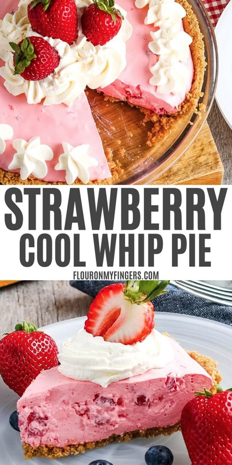 Quick and easy strawberry Cool Whip pie with a graham cracker crust and fluffy filling. Retro no bake dessert recipe with sweet berry flavor in every bite! #strawberryCoolWhippie #strawberryJellopie #Jellopie #strawberrypie #strawberries #pie #easydesserts #nobakedesserts #nobake Strawberry Cool Whip Pie, Strawberry Cool Whip, Cool Whip Pie, Graham Cracker Dessert, Cool Whip Pies, Pie No Bake, Easy Strawberry Pie, Cracker Dessert, Cool Whip Desserts