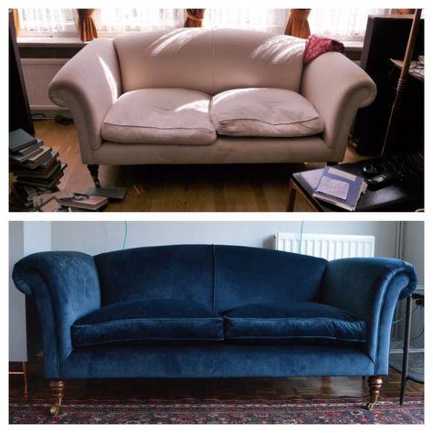 Before and after. Navy Blue velvet sofa. Upholstery. Reupholster Couch Diy, Navy Blue Velvet Sofa, Reupholster Couch, Sofa Reupholstery, Sofa Makeover, Furniture Remodeling, Sitting Room Design, Blue Velvet Sofa, Couch Upholstery