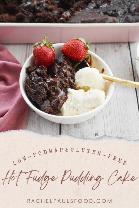 Low-FODMAP Hot Fudge Pudding Cake is rich and so delicious.  A chewy cake exterior surrounds a soft pudding-like interior.  Gluten-free and IBS friendly! Leaky Gut Diet Recipes, Low Fodmap Desserts, Fodmap Sweets, Chewy Cake, Hot Fudge Pudding Cake, Hot Fudge Pudding, Fudge Pudding Cake, Fudge Pudding, Gut Diet