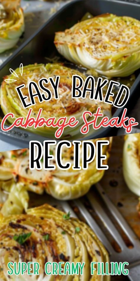 Easy Baked Cabbage Steaks! These delectable cabbage slices are seasoned to perfection, then roasted to tender perfection in the oven. Whether you're looking for a flavorful side dish or a satisfying vegetarian main course, these cabbage steaks are sure to delight your taste buds and Baked Cabbage Recipes, Baked Cabbage Steaks, Cabbage Steaks Recipe, Roasted Cabbage Steaks, Boiled Cabbage, Grilled Cabbage, Baked Cabbage, Cabbage Steaks, Clean Eating Salads