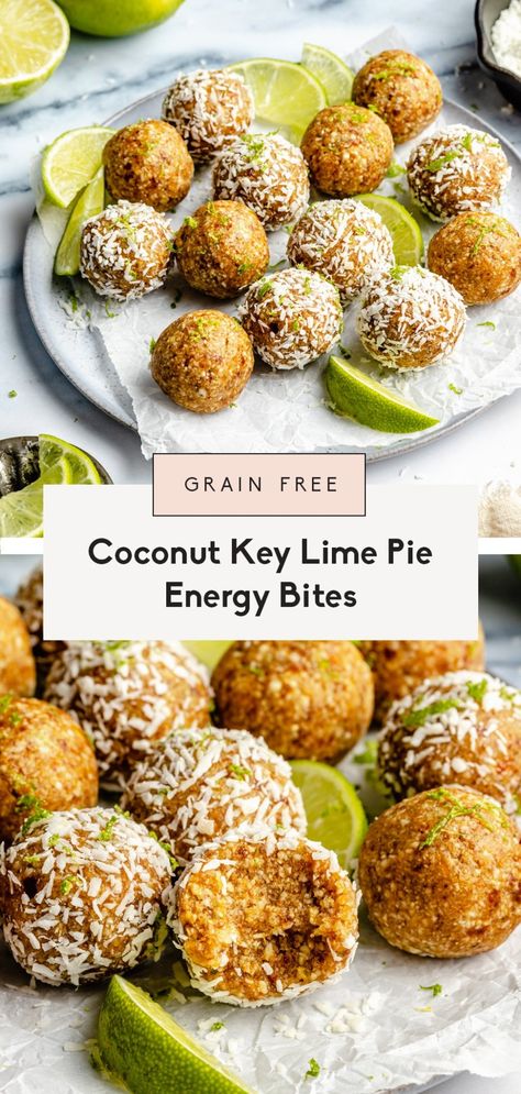 Grain free coconut key lime pie energy bites naturally sweetened with dates and made with fresh lime juice and zest for the ultimate key lime pie flavor. Roll the energy bites in extra shredded coconut for the perfect snack or treat to fuel your day! Natural Recipes Food, Gluten Free Summer Recipes, Vegan Snacks Healthy, Autumn Bates, Vegan Key Lime Pie, Vegan Key Lime, Grain Free Snacks, Key Limes, Pie Bites