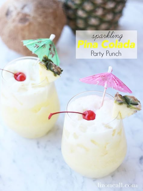 Get a feel for the islands at your next party or luau with this sparkling pina colada party punch. Who doesn't love a delicious drink with an umbrella in it? Pina Colada Punch Recipe, Pina Colada Punch, Backyard Luau, Luau Party Food, Luau Food, Party Punch Recipes, Hawaiian Luau Party, Seltzer Water, Luau Birthday Party