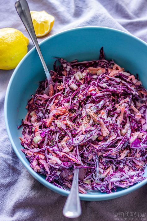 Creamy Red Cabbage Coleslaw Recipe - Happy Foods Tube Red Cabbage Coleslaw Recipe, Red Coleslaw Recipe, Purple Cabbage Coleslaw, Cabbage Coleslaw Recipe, Red Coleslaw, Cabbage Meals, Clean Salads, Red Cabbage Slaw Recipes, Red Cabbage Coleslaw