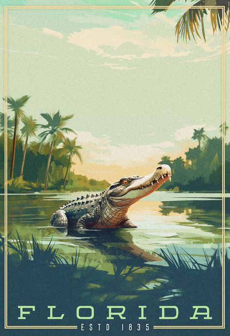 Digital painting of a lone alligator resting in a shallow swamp, earth tones, the title Florida is positioned at the bottom. Myakka River State Park, The Everglades, Everglades National Park, Retro Travel Poster, Scene Art, Salou, Stock Art, National Park Posters, Crocodiles