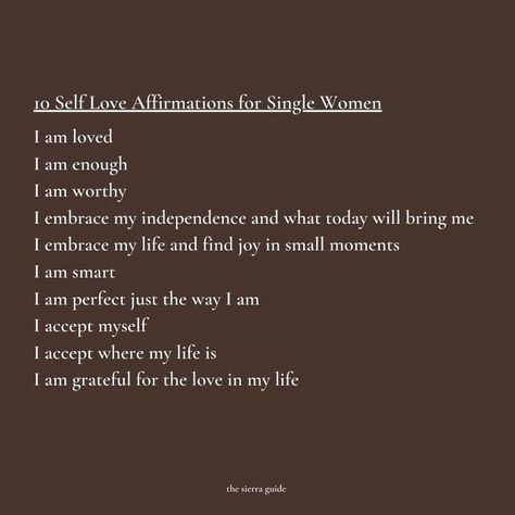 The Sierra Guide - Affirmations on Instagram: "Being single isn’t bad but you also don’t have to celebrate it. You are allowed to feel indifferent or just neutral about it. You are allowed to feel however you want 🤷‍♀️ ❤️ 10 Self Love Affirmations for Single Women ❤️ Follow @thesierraguide for more daily affirmations . . . . . . . #single #beingsingle #selfloveaffirmations #selflove #selfcare #singlegirls #singlegirl #singleagain #singlegirlies #singleera #breakup #breakups #heartbreak #affir Affirmation Heartbreak, Positive Quotes For Single Women, Affirmation For Single Women, Single Self Love Quotes, Daily Affirmations For Heartbreak, Daily Affirmations For Women After Breakup, Single Women Affirmations, Being Single Aesthetic, Daily Affirmations After Breakup