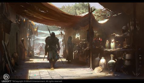 Black market in fayoum, Keyi Li on ArtStation at https://www.artstation.com/artwork/P0Pvy?utm_campaign=digest&utm_medium=email&utm_source=email_digest_mailer Market Concept Art, Egyptian City, Medieval Market, Environment Painting, Bg Design, Fiction Idea, Location Inspiration, Fantasy Aesthetic, Environment Design