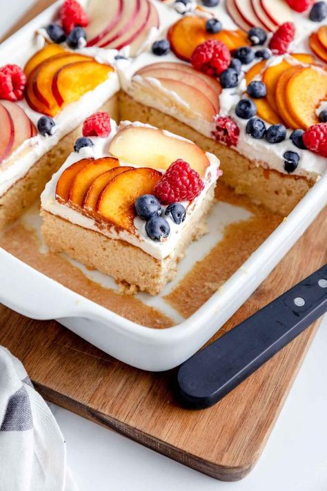 A photo of homemade Tres Leches Cake with Stone Fruit and Berries Easter Tres Leches Cake, Cakes For Picnics, Decorated Tres Leches Cake, Tres Leches Cake With Fruit, Summertime Desserts, Cake With Fruit, Leche Cake, Picnic Desserts, Animated Photos