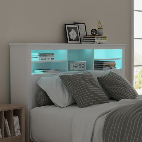 Headboards For Queen Beds, Bookshelf Headboard, Storage Bed Queen, Headboard With Shelves, Headboard With Lights, Bookcase Headboard, Bed Shelves, Get Out Of Bed, White Bookcase