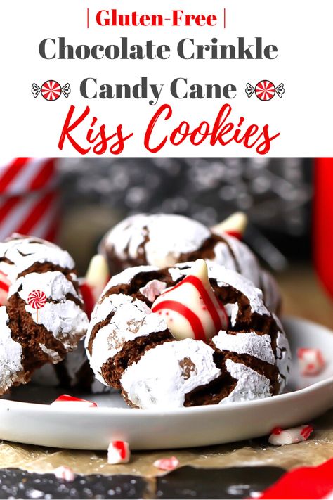 Gluten-Free Chocolate Crinkle Candy Cane Kiss Cookies are a chocolate cookie rolled in powdered sugar and topped with a peppermint candy cane hersheys kiss. Sweet, fun, and easy to make cookies for your holiday parties. #candycane #hersheykiss #glutenfreeanddairyfree #holiodaycookies #kisscookies #peppermintcookies #glutenfreecookies #cookies Peppermint Blossoms, Kiss Cookie Recipe, Chocolate Kiss Cookies, Mint And Chocolate, Easy To Make Cookies, Chocolate Crinkle, Kiss Cookies, Blossom Cookies, Chocolate Crinkles