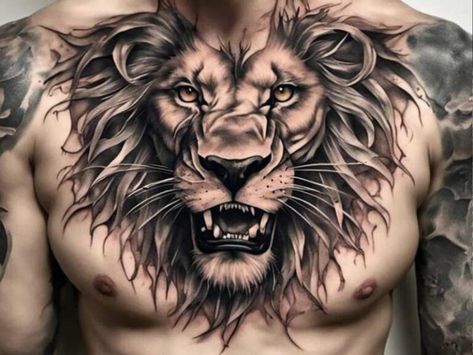 Lion Wings Tattoo, Japanese Lion, Chest Tattoo Girl, Lion Chest Tattoo, Lion With Wings, Full Chest Tattoos, Hawk Tattoo, Penguin Tattoo, Tattoo Lion