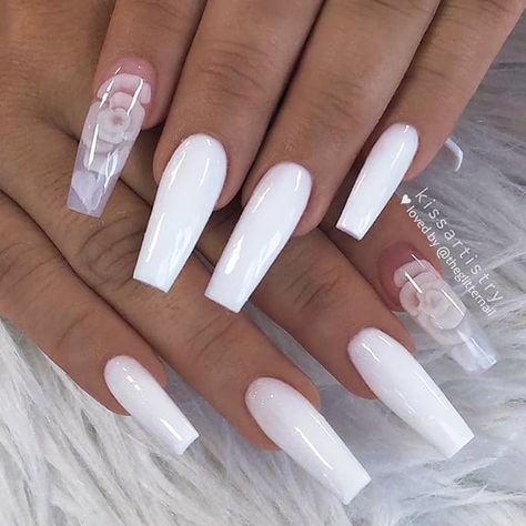 TheGlitterNail 🎀 Get inspired! on Instagram: “✨✨✨✨✨ Glossy White and Encapsulated Roses on long Coffin Nails 👌 • 💅 Nail Artist: @kissartistry 💝 Follow her for more gorgeous nail art…” Milky Nails, Pink Gel Nails, White Acrylic Nails, Coffin Nails Long, Nails Polish, Summer Acrylic Nails, Acrylic Nails Coffin, Instagram Influencer, Fire Nails