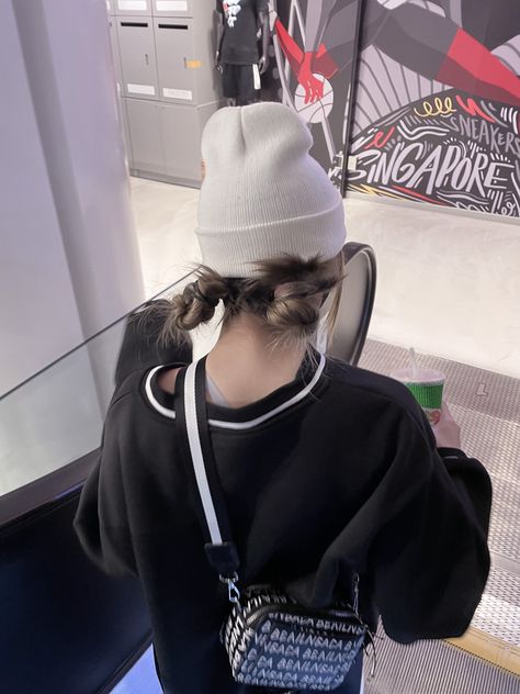 Beanie With Buns Hair, Pigtails Bun Hairstyles, Hairstyle For Beanies Winter, Beanie With Space Buns, Beanie And Pigtails, Pigtails With Beanie, Beanie Hairstyles For Short Hair Curls, Space Buns With Beanie, Buns With Beanie