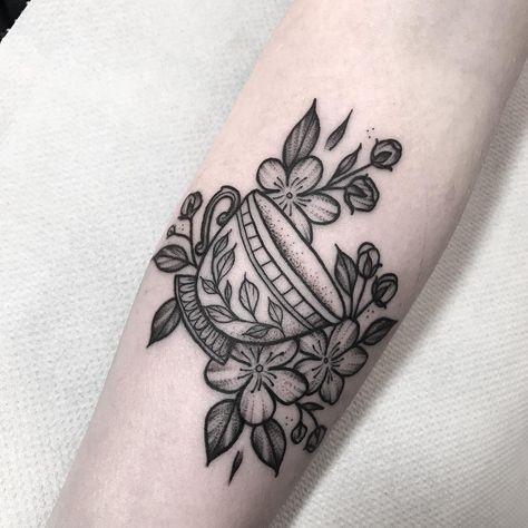 Teacup Tattoo | Tattoo Ideas and Inspiration Cup Of Tea Tattoo, Teapot Tattoo, Coffee Cup Tattoo, Tea Tattoo, Teacup Tattoo, Flores Tattoo, Cup Tattoo, Traditional Tattoo Flowers, Coffee Tattoo