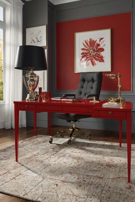 home decor,office redesign,interior design trends,red accents Red And Black Office, Office Color Palette, Green Home Offices, White Office Decor, Statement Walls, Black And White Office, Office Vibes, Franklin Homes, Office Idea