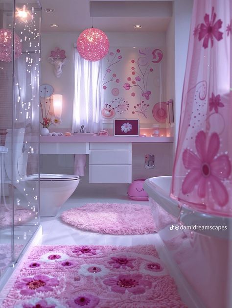 Pink Y2k Bathroom, 2000 Home Decor, 2000 House Decor, Y2k Bathroom Aesthetic, Y2k Apartment Aesthetic, Frutiger Aero Bathroom, 2000s Bathroom, Y2k Bathroom, Dream Bedroom Inspiration