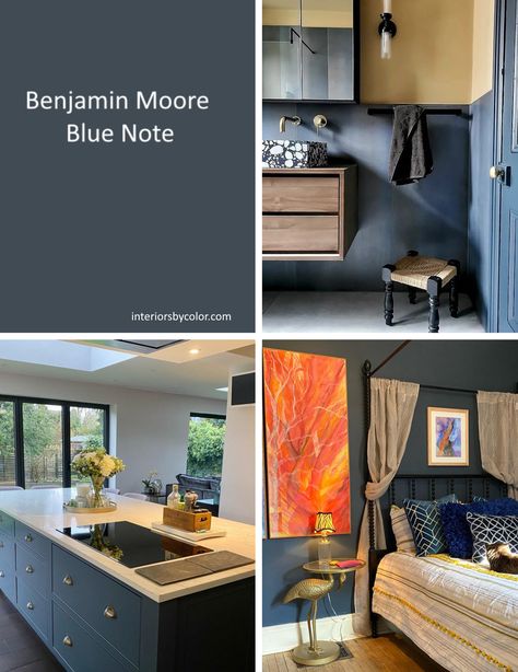 Benjamin Moore Blue Note - Interiors By Color Polo Blue Benjamin Moore Cabinets, Blue Note Benjamin Moore Cabinets, Benjamin Moore Blue Colors, Night Train Benjamin Moore, Benjamin Moore Polaris Blue, Benjamin Moore Midnight Blue, Blue Note Benjamin Moore, Benjamin Moore Blue Note, Dark Blue Paint Color