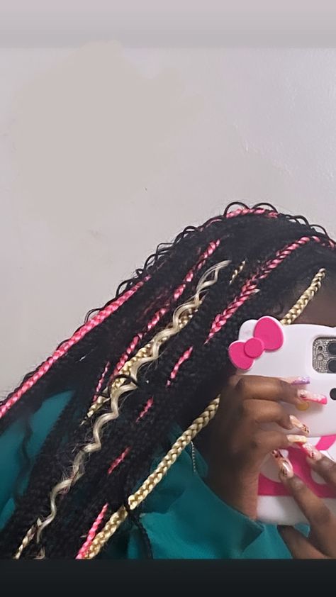 Knotless Box Braids Pink And Blonde, Box Braids W Color, Black Blonde Pink Braids, Black Pink And Brown Braids, Pink Blond And Black Braids, Black Pink Blonde Braids, Pink White And Black Braids, Pink Peekaboo Boho Braids, Pink And White Braids For Black Women