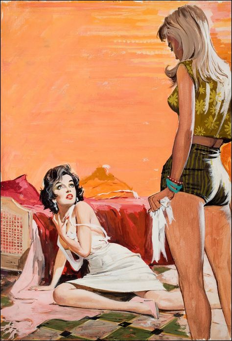 Fighting women / Art by Mort Kunstler. Often women hurt each other the most / cat fight Art Pulp Fiction, Arte Pulp, Fabian Perez, Jack Vettriano, Arte Pin Up, Vintage Lesbian, Robert Mcginnis, Pulp Fiction Book, Mansfield Park