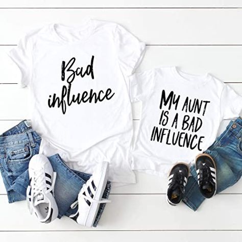 My aunt is a bad influence matching shirts Funny Aunt Shirts, Aunt And Nephew, Aunt Baby Clothes, Nephew Shirts, Aunt And Niece, Baby Aunt, Mom Dad Baby, Aunt T Shirts, Auntie Shirts