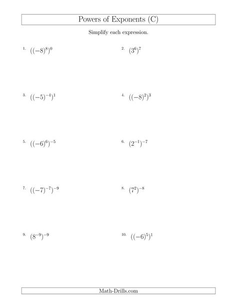 The Powers of Exponents (With Negatives) (C) Math Worksheet from the Algebra Worksheets Page at Math-Drills.com. Basic Algebra Worksheets, Exponential Equations, Math Cheat Sheet, Negative Exponents, Exponent Rules, Exponent Worksheets, Basic Algebra, Math Drills, Algebraic Expressions