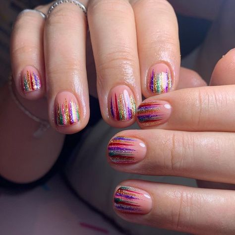 Glitter Stripe Nails, Short Nails Glitter Tips, Abba Nails, Colorful Christmas Nails, Glittery Nail Ideas, Nails Glitter Tips, Short Nails Glitter, Glitter Nails Short, Glittery Nail