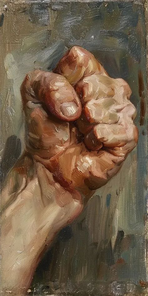 The painting is of a clenched fist. The fist is painted in realistic detail, with the veins and wrinkles of the skin clearly visible ->> more details in ai-img-gen.com Hand References Painting, Oil Painting Studies, Womans Hand Drawing, Person Painting Reference, Painting Of Hands, Fist Reference, Art Of Hands, Different Painting Styles, Skin Color Paint