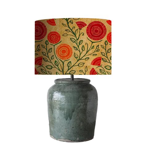 This lampshade drum is covered in a custom fabric, Brutta Quadrille by Rocarr Studio.  This fabric is warm, bright and beautiful.  The modern foliage is bright green and orange and the background is a textured gold.   Bohemian, contemporary, modern.  LAMPSHADE ONLY, LAMP NOT INCLUDED.  PLEASE MEASURE FROM THE TOP WHERE YOUR LAMPSHADE SCREWS ON (THE FINIAL) TO BELOW THE SOCKET OR THE MECHANICS OF THE LAMP TO DETERMINE THE SIZE OF YOUR LAMPSHADE. THESE ARE CUSTOM DESIGNED FABRICS.  IF A FABRIC BECOMES UNAVAILABLE FOR ANY REASON, WE WILL INFORM YOU. Colorful Lampshades, Painted Lampshade, Industrial Lamp Shade, Unique Lampshades, Modern Lampshade, Bohemian Furniture, Diy Lamp Shade, Home Decor Modern, Drum Lampshade