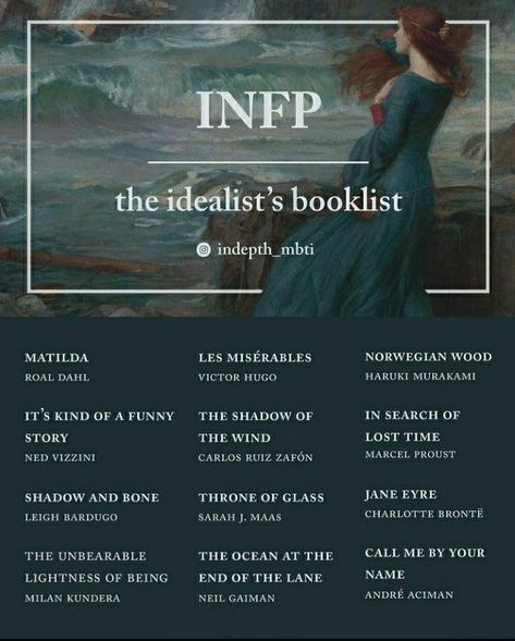 Infp Books To Read, Infp Look Book, Infp Movie List, Infp Book Recommendation, Intj Personality Booklist, Books For Infps, Mbti Booklist, Infp Playlist, Enfp Booklist