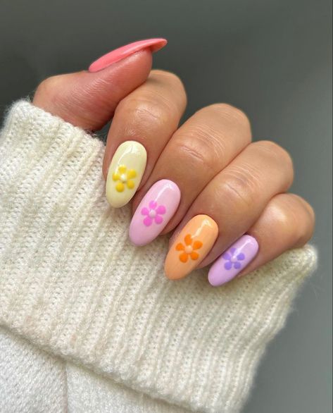 Colorful Pastel Almond Shaped nails with flower design Rainbow Pastel Nails, Cute Nails Spring, Summer Nails Pastel, Pastel Summer Nails, Nails Flower Design, Easy Spring Nails, Spring Nails Inspiration, Fun Spring Nails, Flower Design Nail Art