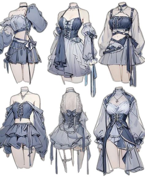 Dresses Drawings Sketches, Anime Female Clothes Reference, Anime Dresses Design, Fancy Clothes Drawing, Fantasy Clothing Design Sketches, Fantasy Clothing Drawing, Female Outfits Drawing, Anime Dress Design, Anime Outfits Female