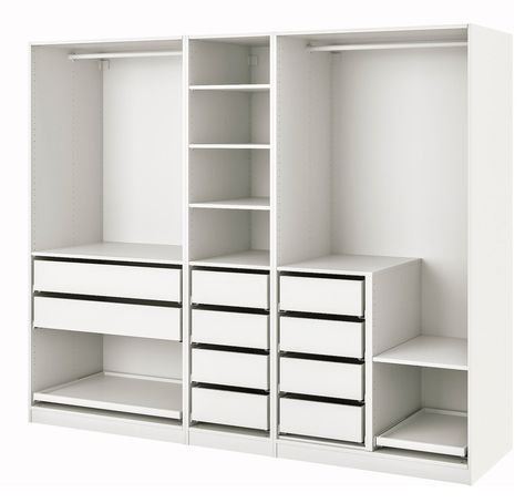 IKEA - PAX Wardrobe combination, white Ikea Closet Ideas, Pax Wardrobe Ideas, Pax Corner, Built In Tv Unit, Pax Corner Wardrobe, Ikea Closet Hack, Built In Tv, Ikea Pax Closet, Pax Closet