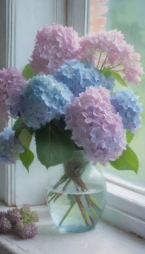 Vase Of Hydrangeas, Lavender In Vase, Pastel Color Painting, Painting Of Flowers, Color Painting, Window Sill, Pastel Colors, Hydrangea, Painting Ideas