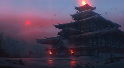 ArtStation - blood moon crows, Quentin BOUILLOUD Japan Wallpaper, Window Aesthetic, Dark Window, Japanese Buildings, Japan Temple, Japanese Shrine, 3d Scene, Japanese Castle, Japanese Temple