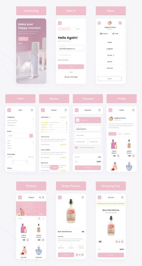 Elevate your mobile fragrance experience with this sophisticated Perfume Shop App UI Template. Beautifully crafted in Figma, Sketch, and XD, this template offers a seamless and engaging interface designed to showcase your exquisite perfume collection.  
.#CanvaTemplates #SocialMediaDesign #InstagramIdeas #PinterestTemplates #CreativeCanva Skincare App Design, Figma Design Ideas App, Beauty App Design, App Prototypes, App Ui Design Inspiration, Mobile App Design Templates, Fig Sketch, Skincare App, App Template Design