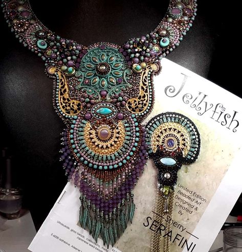 Created by bead embroidery artist Susan Marie Huguenard integrating Sherry Serafini’s Jellyfish. Sherry Serafini, Embroidered Beads, Beautiful Beaded Necklaces, Twist Beads, Necklace Packaging, Indian Agate, Cultured Pearl Necklace, Bead Embroidery Jewelry, Long Beaded Necklace