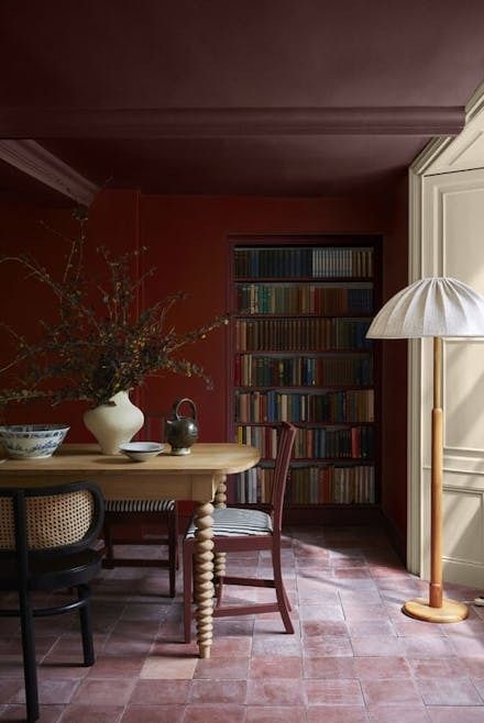 Bronze Red Dining Room Inspiration | Little Greene Victorian Paint Colors, Interior Paint Finishes, Painting Baseboards, Red Shutters, Pink And Black Wallpaper, Red Paint Colors, Red Dining Room, Painting Wooden Furniture, Paint Trends