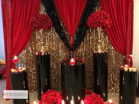 Red Black And Gold 40th Birthday Party, Red Black Silver Party Theme, Red Black And Gold Event Decor, Red Black And Gold Photo Backdrop, Black Red Gold Birthday Party Ideas, Red And Gold Backdrop Ideas, Red Black And Gold Decorations, Red And Black Prom Decorations, Red Black And Gold Backdrop Ideas