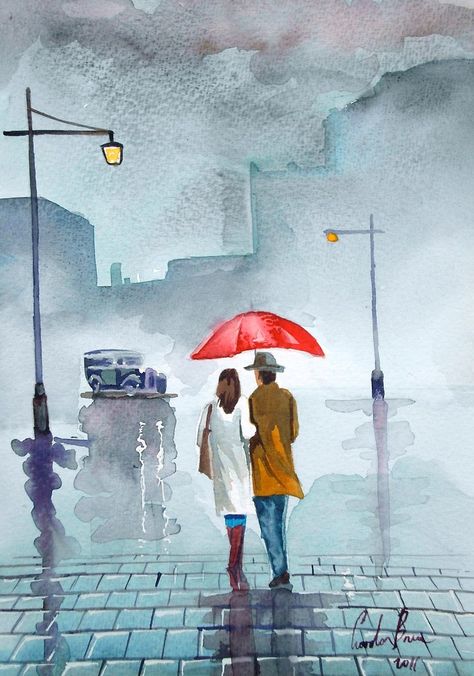 Rainy day red umbrella watercolour painting by gordonbruce Rainy Wallpaper, Umbrella Painting, Rain Painting, Instagram Status, Umbrella Art, Watercolor Art Paintings, Red Umbrella, Watercolor Painting Techniques, Watercolor Art Lessons