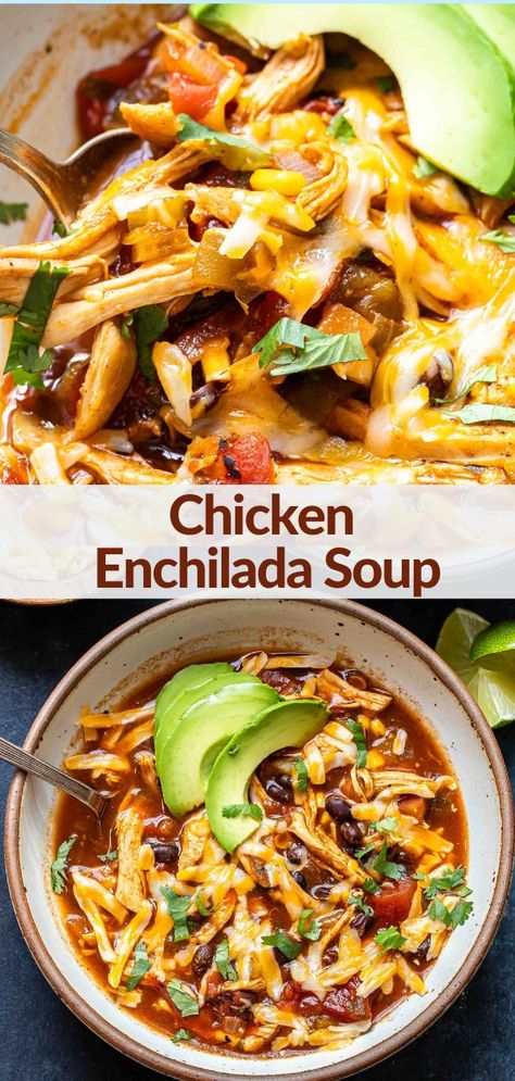 This easy stovetop chicken enchilada soup has everything you love about chicken enchiladas in soup form! Made with shredded chicken, flavorful spices, black beans, corn, and of course, enchilada sauce! It's a hearty, one pot, comfort food meal! #enchiladas #enchiladasoup #chickenenchiladas #souprecipe #Mexicanfood #chickensoup #healthyrecipes Chicken Enchilada Soup Freezer Meal, Chicken Enchilada Soup Stovetop, Easy Stovetop Chicken, Healthy Delicious Soups, Recipe Runner, Stovetop Chili, Homemade Tomato Soup Recipe, Stovetop Chicken, Black Beans Corn