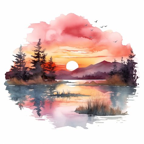 10 Lakeside Sunset, Sunset Over Lake JPG, Watercolor Clipart, High Quality Jpgs, Digital Download, High Resolution, Commercial Use - Etsy Sun Set Watercolor, Watercolor Sunset Easy, Sunset Watercolor Painting Easy, Landscapes Pictures, Clip Art Drawings, Watercolor Sunsets, Watercolour Sunset, Lake Images, Sunset Watercolor Painting