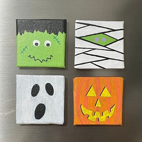 Four 2"x2" painted canvas magnets. One Frankenstein, one mummy, one ghost and one jack o' lantern. Frankenstein Canvas Painting, Halloween Themed Paintings Easy, Halloween Small Canvas Painting, Frankenstein Painting Easy, Mini Canvas Halloween Art, Easy Halloween Paintings For Kids, Cute Ghost Painting Canvas, Halloween Paint Night Ideas, Mini Halloween Paintings